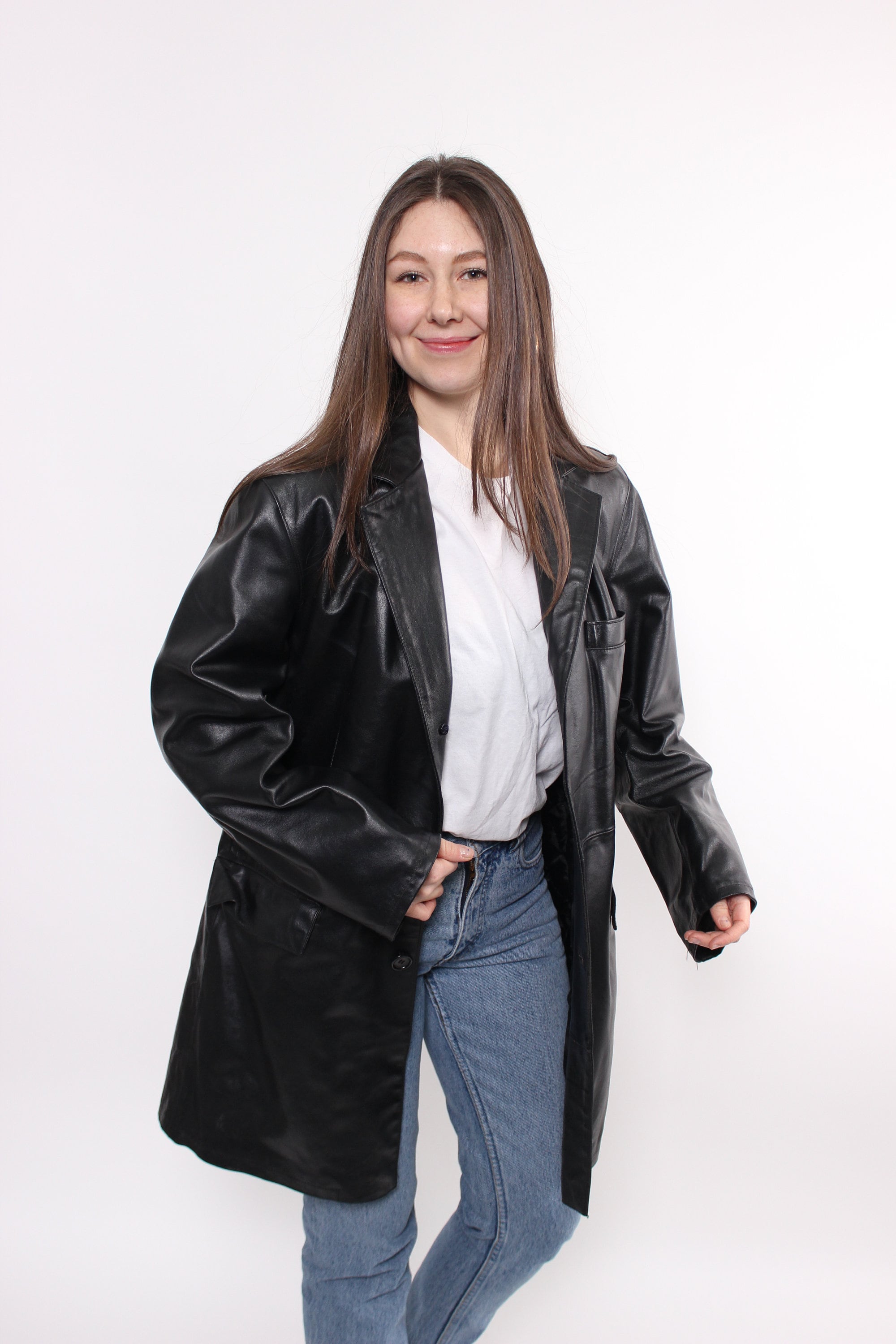 Vintage Black Leather Coat, 90s Minimalist Long Leather Jacket