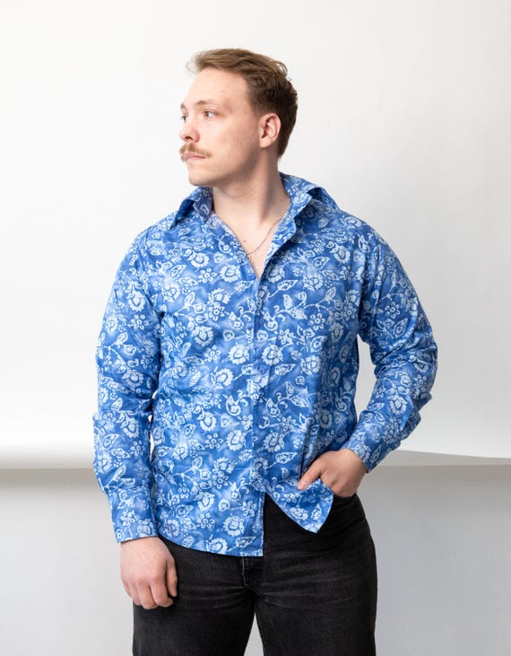 Blue Floral Batik Print Shirt 90s Mens Vintage Boho Cotton Button Up Size M
