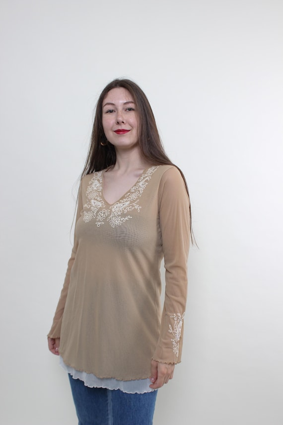 Vintage Y2K Sheer Butterfly Blouse, Beige Mesh Long Sleeve Top, Size M