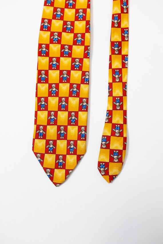 Teddy Bear Print Silk Tie Yellow Red Checkerboard Italian Novelty Mens