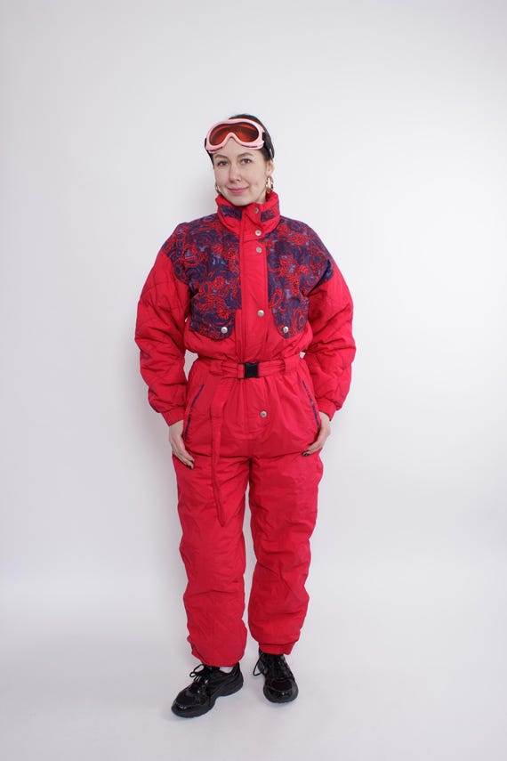 Vintage 90s Ski Suit, One Piece Snowsuit, Women Unisex, Red Colorblock, Size M