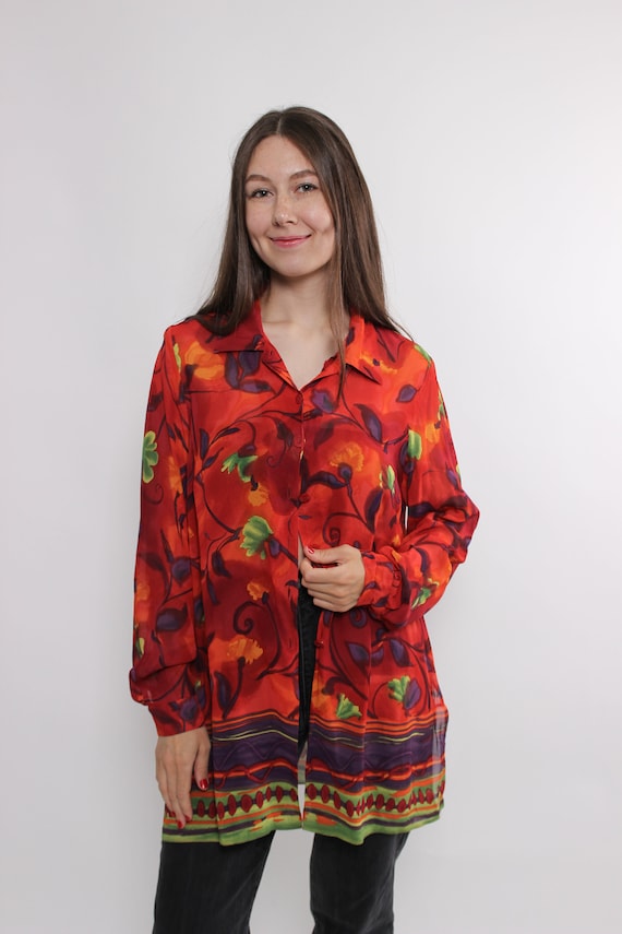 80s flowers print long blouse, vintage button front floral blouse in red, Size L