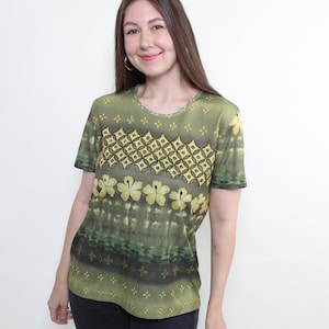 90s pullover flowers blouse, vintage short sleeve summer green floral top, Size L