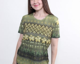 90s pullover flowers blouse, vintage short sleeve summer green floral top, Size L