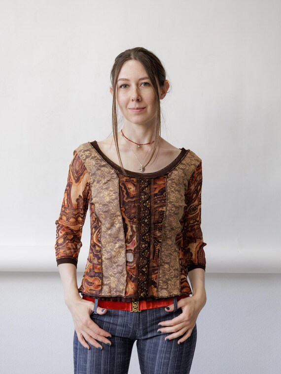 Y2k Brown Baroque Print Mesh Top Lace Panel Beaded Boho Scoop Neck Blouse Medium