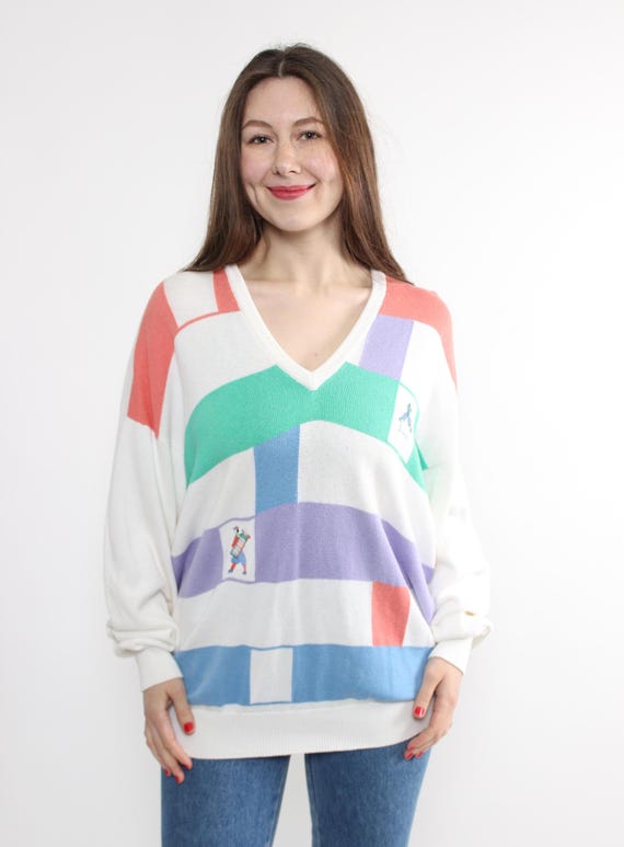 80s Pastel Colorblock Knit Sweater Vintage Geometric Golf Embroidery V-Neck Cotton Jumper Large