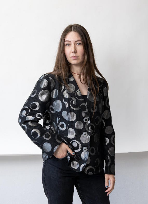 90s Metallic Circle Jacquard Blazer Vintage Black Silver Geometric Tailored Jacket Size M