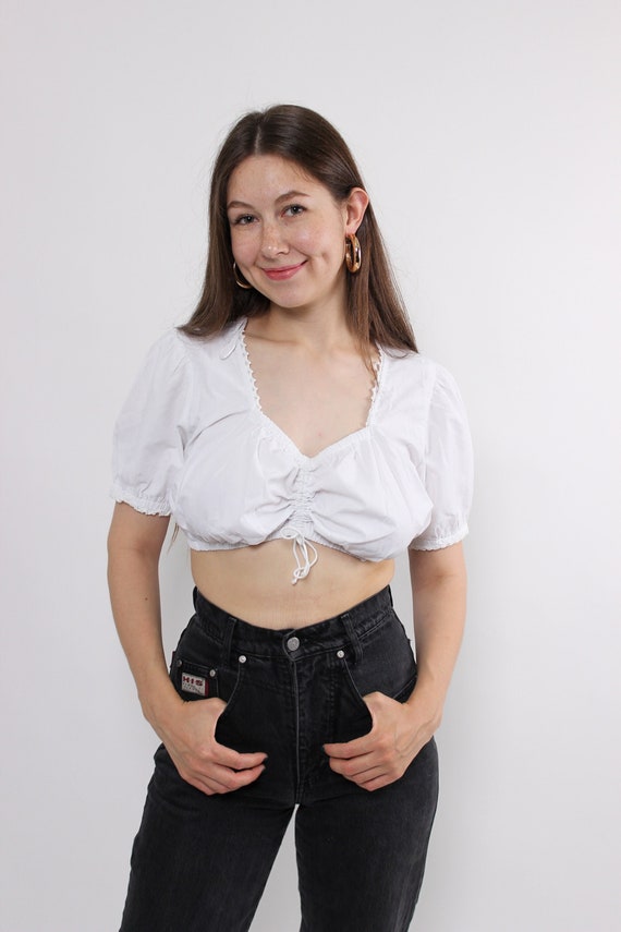 Vintage Bavarian Dirndl Top, 90s Retro white lace Austrian tube top, cottagecore ruffle blouse