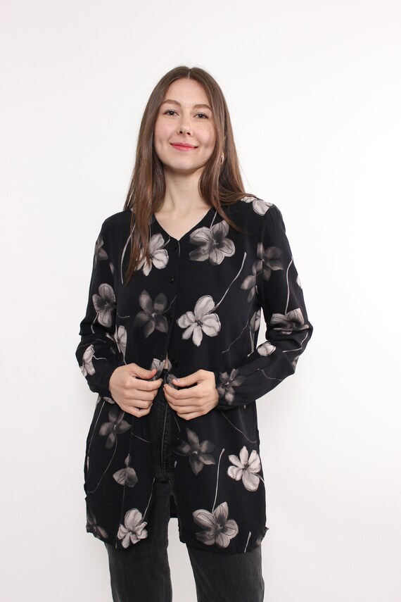 Black Floral Tunic Blouse Long Sleeve Viscose 90s Dark Romantic Womens M
