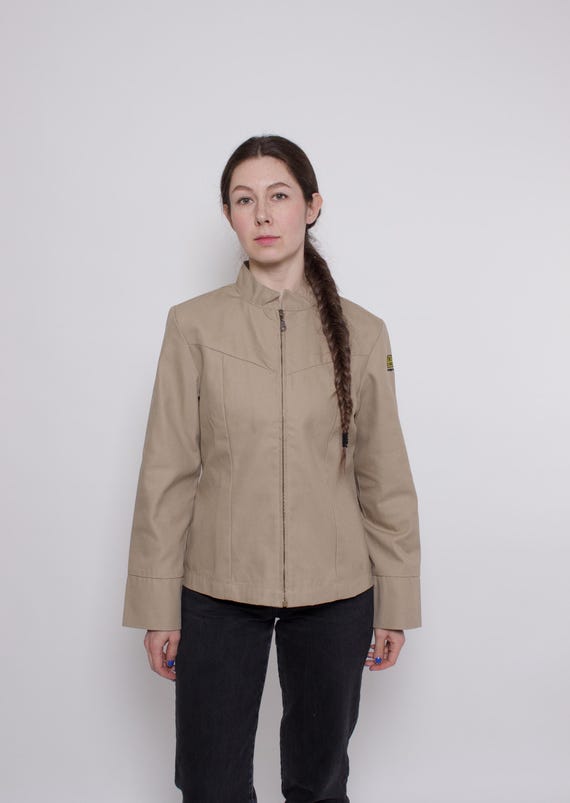 Vintage Beige Minimalist Jacket Women 90s Zip Jacket Retro Workwear, Size M