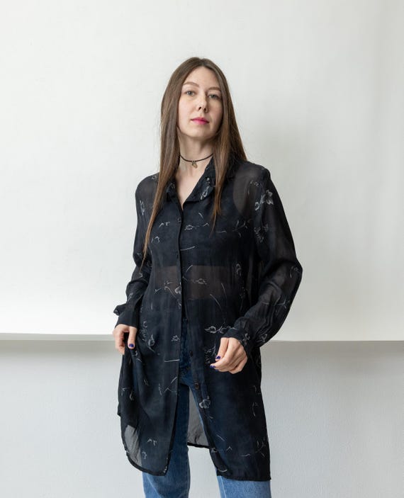 90s Sheer Black Floral Longline Tunic Blouse Vintage Long Sleeve Duster Size L