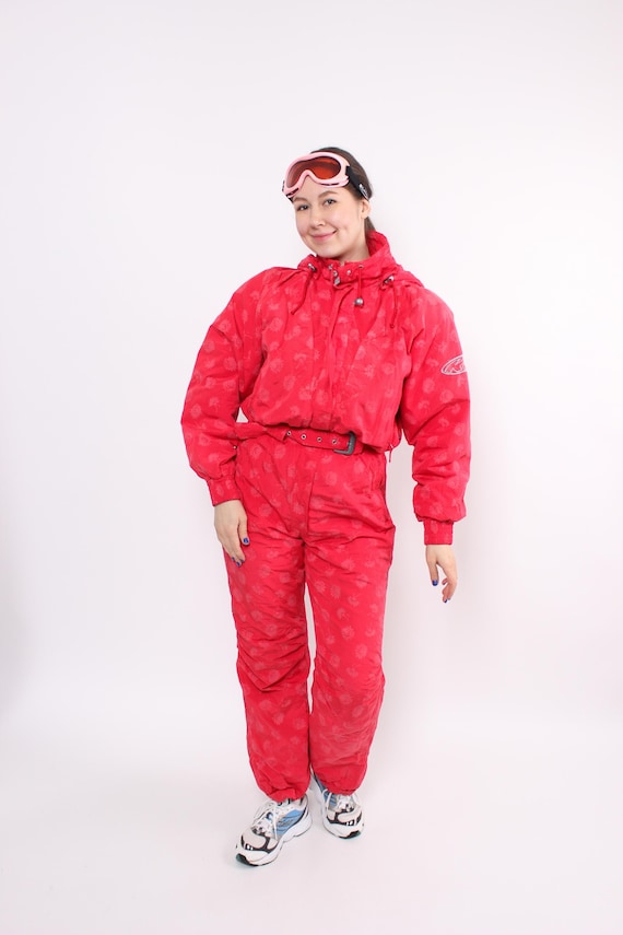 90s Vintage red one piece ski suit, Womens snowsuit, Size M