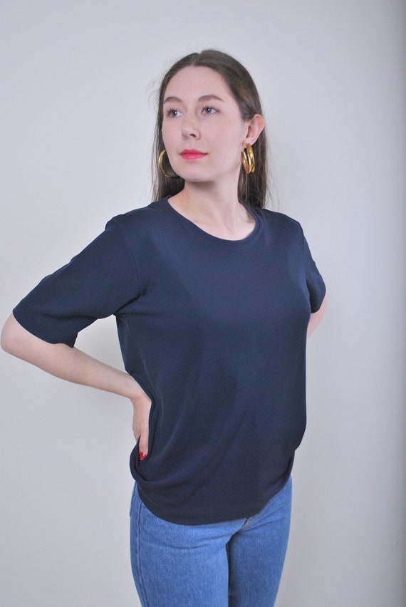 90s casual blue top, Vintage woman minimalist blank tshirt, Size M
