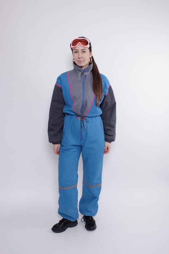 Vintage 90s One Piece Ski Suit, Retro Womens Colorblock Blue Snowsuit, Size M
