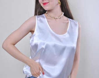 Débardeur blanc vintage des années 90 : polyester minimaliste sans manches (taille M)