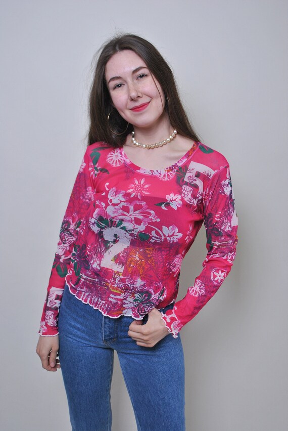 Y2k flowers print crop top, vintage 2000s mesh pullover floral  blouse, Size M