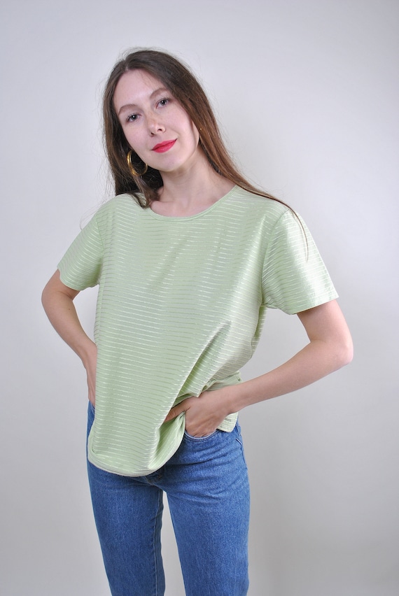 90s textured pullover blouse in green, vintage crew neck, striped print t-shirt, Size S
