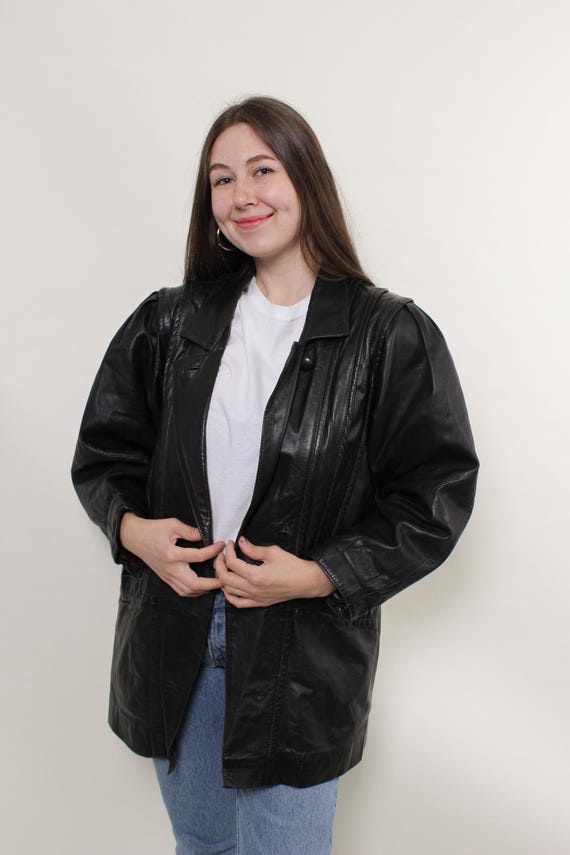 Vintage Black Leather Coat, 90s Minimalist Leather Jacket, Mid Length Blazer, Size M