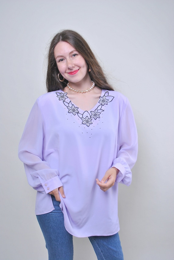 Vintage 90s Lilac Embroidered Blouse, Pastel Floral Top, Cottagecore Sheer Sleeve Shirt