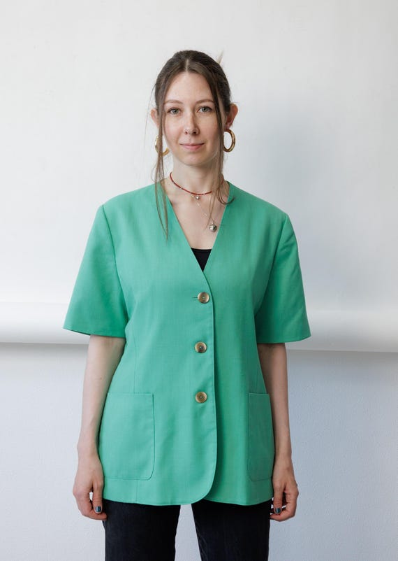 90s jade green collarless blazer top, brass button tunic blouse with pockets, size Medium