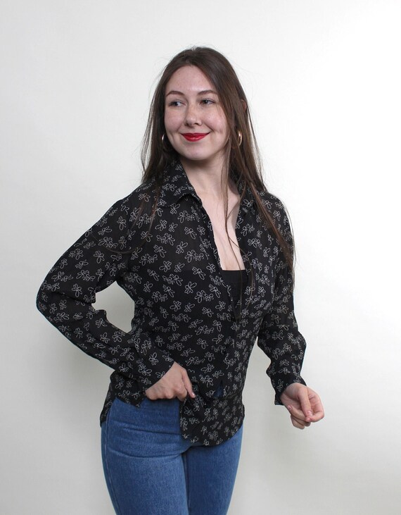 Y2k Black Sketchy Floral Print Sheer Blouse  Long Sleeve Fitted Button Up Shirt Medium