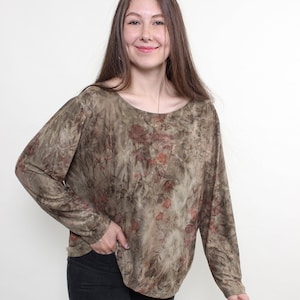 90s green flowers blouse, vintage long sleeve pullover floral casual blouse, Size L