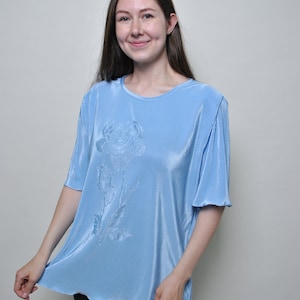 80s blue textured blouse, vintage minimalist pullover flowers blouse, Size XL