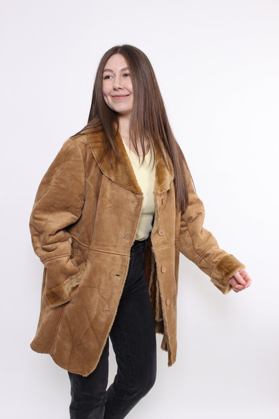 90s Penny lane coat, vintage brown overcoat, faux fur jacket, Size L