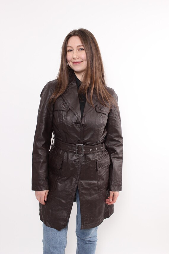 Vintage Brown Leather Trench Coat, 90s Belted Leather Jacket, Size M