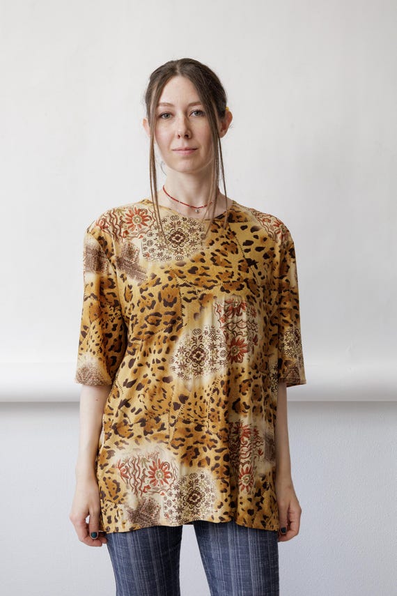 90s Leopard Bandana Mix Tunic Vintage Fur Effect Animal Print Oversized Tee Size XL