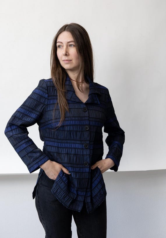 90s Navy Ruched Texture Shirt Vintage Cobalt Stripe Longline Button Up Top Size M