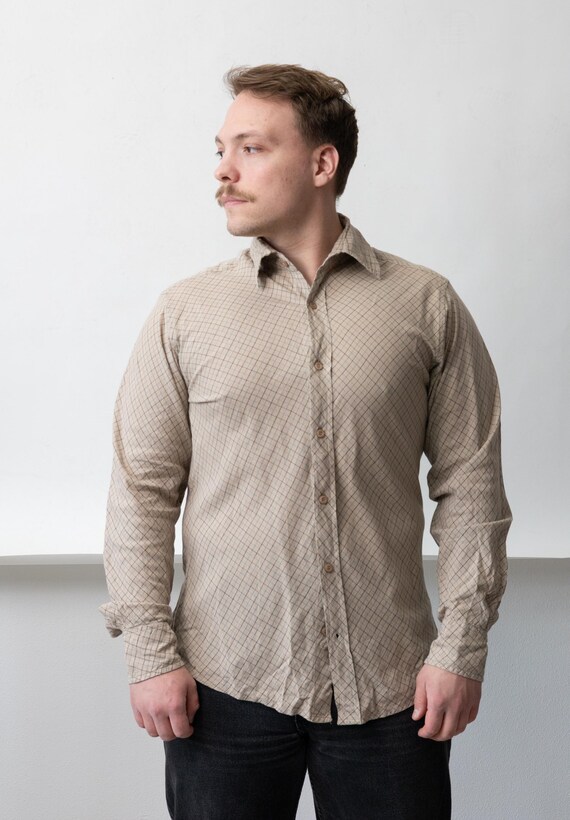 90s Beige Windowpane Check Shirt Vintage Tan Minimalist Cotton Button Up Size M