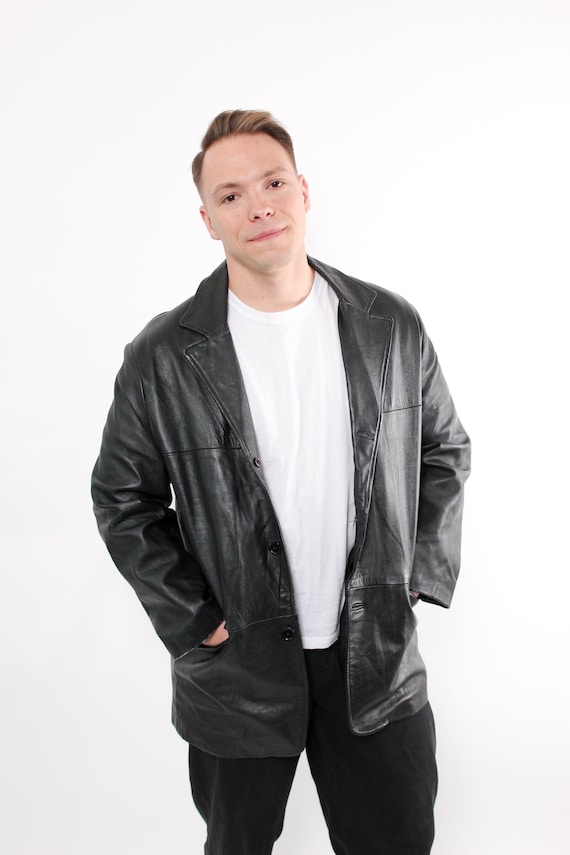 Vintage 90s Black Leather Jacket, Retro Classic Longline Blazer Style, Size L
