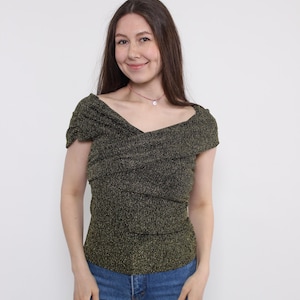 90s v-neck gold top, vintage cocktail stretchy blouse, Size M/L