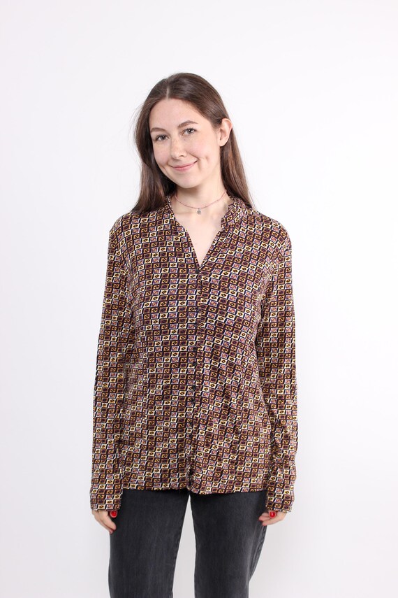 Geometric Tile Print Blouse Mandarin Collar Brown Purple 70s Mob Wife Size M