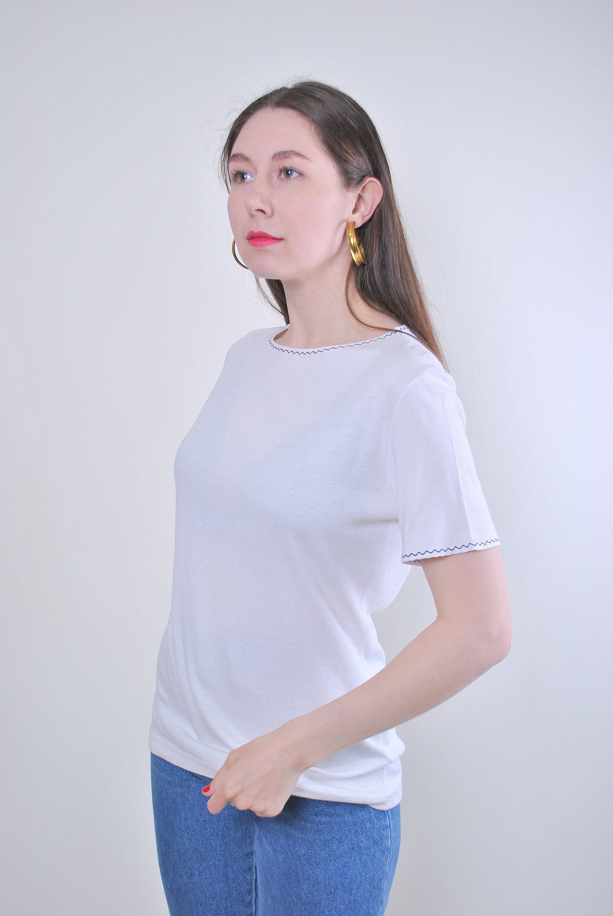 Retro White Minimalist Tshirt With Abstract Embroidery Size M - Etsy UK