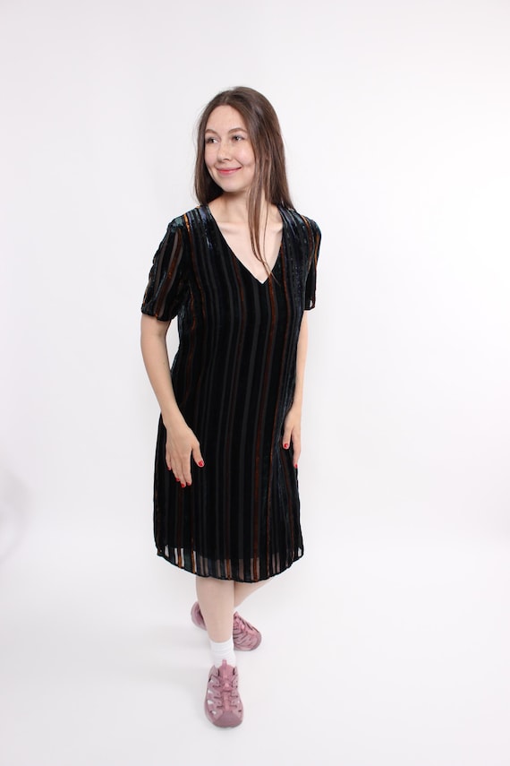 90s striped velvet dress in black, vintage evening midi dress with v-neck, Size M