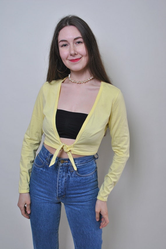 90s Vintage Yellow Crop Top: Deep V-Neck Bow Tie Blouse, Size M