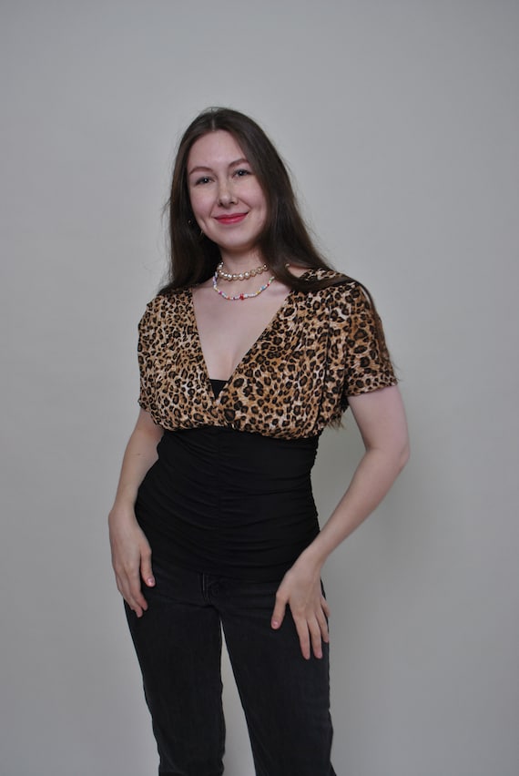 Y2k leopard print blouse, vintage 2000s evening sexy v-neck blouse, Size S