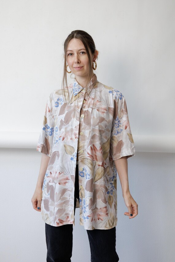 90s Watercolor Floral Blouse Vintage Longline Oversized Short Sleeve Button Up Shirt Size XL