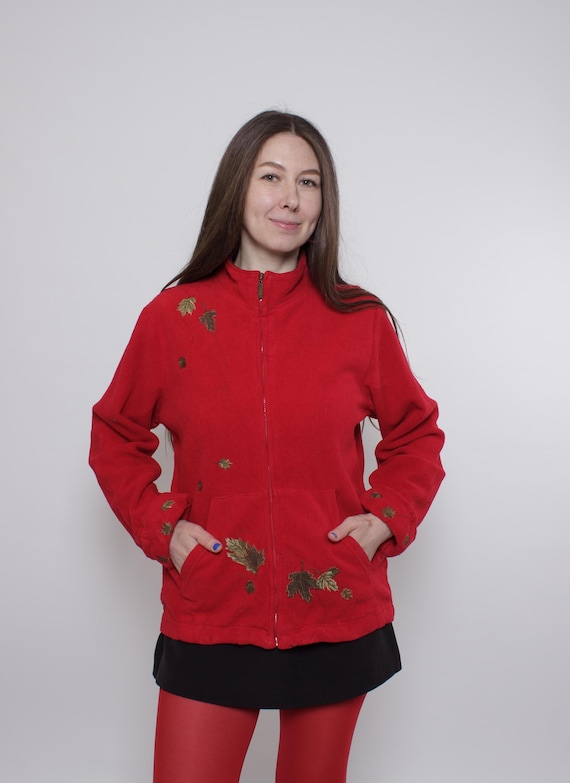 90s Red Fleece Jacket Vintage Leaf Embroidery Full Zip Cozy Jacket Size M