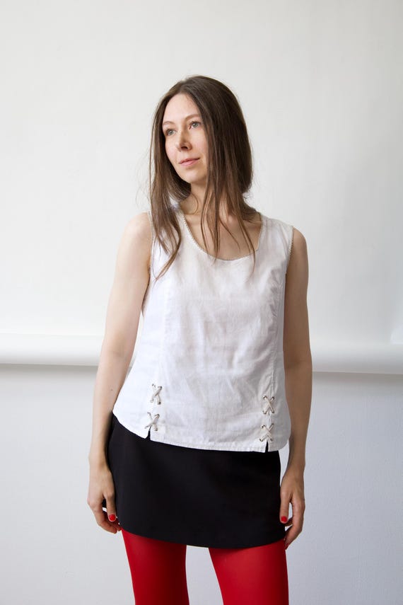 White Linen Viscose Lace Up Tank Top Size M