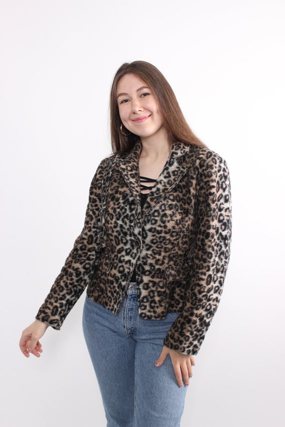 Y2K Leopard Print Blazer Vintage Fuzzy Wool Notched Lapel Cropped Fitted Jacket Size S