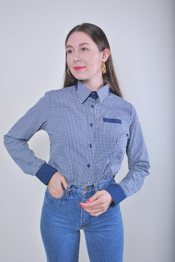 Women vintage blue plaid utility long sleeve shirt
