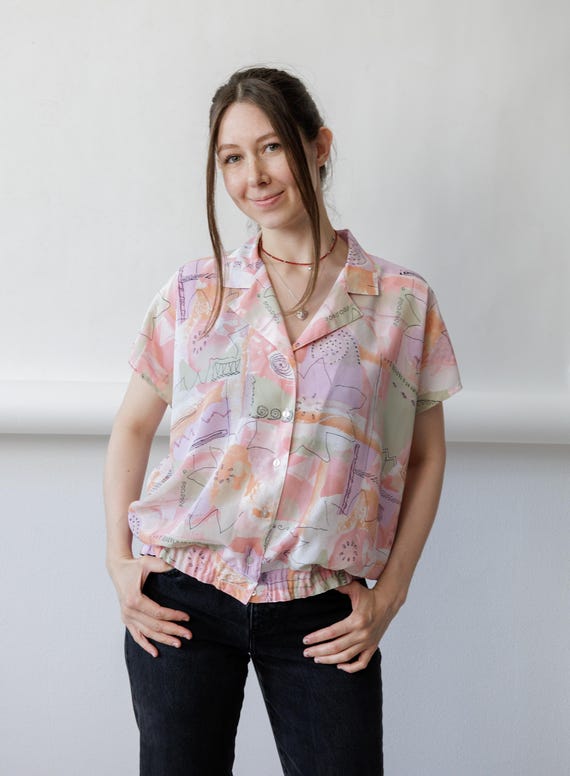90s Pastel Memphis Print Blouse Vintage Abstract Doodle Camp Collar Shirt Size M
