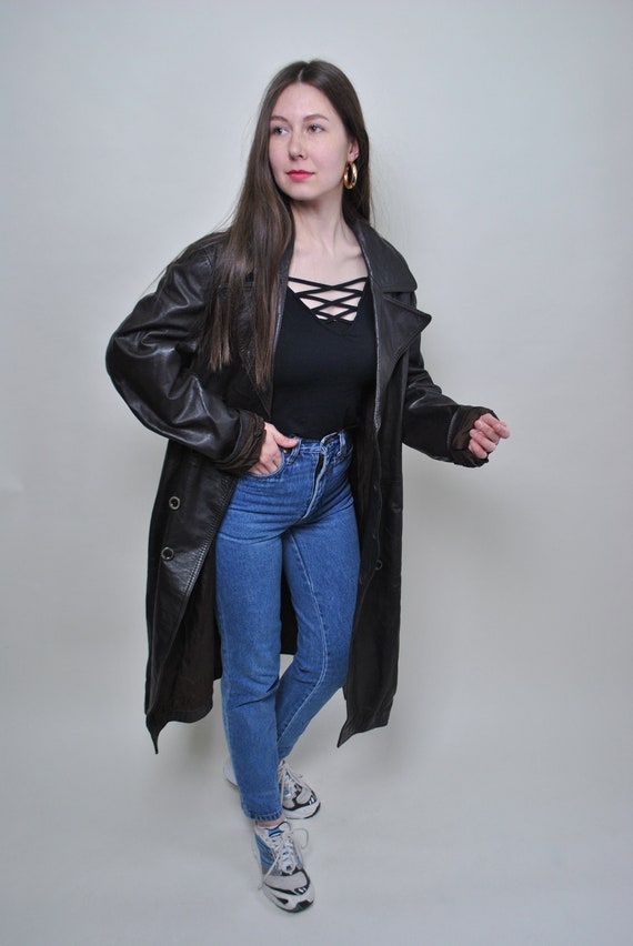 Retro leather trench coat, vintage 90s long overcoat with belt, Size M
