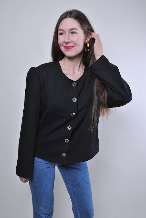 80s Black Puff Shoulder Collarless Jacket Vintage Button Up Fitted Evening Blazer Large