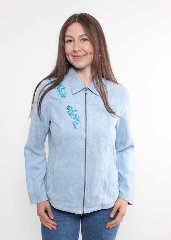 Floral Embroidered Light Blue Jacket, Faux Suede Y2K Zip Up, Mob Wife, M