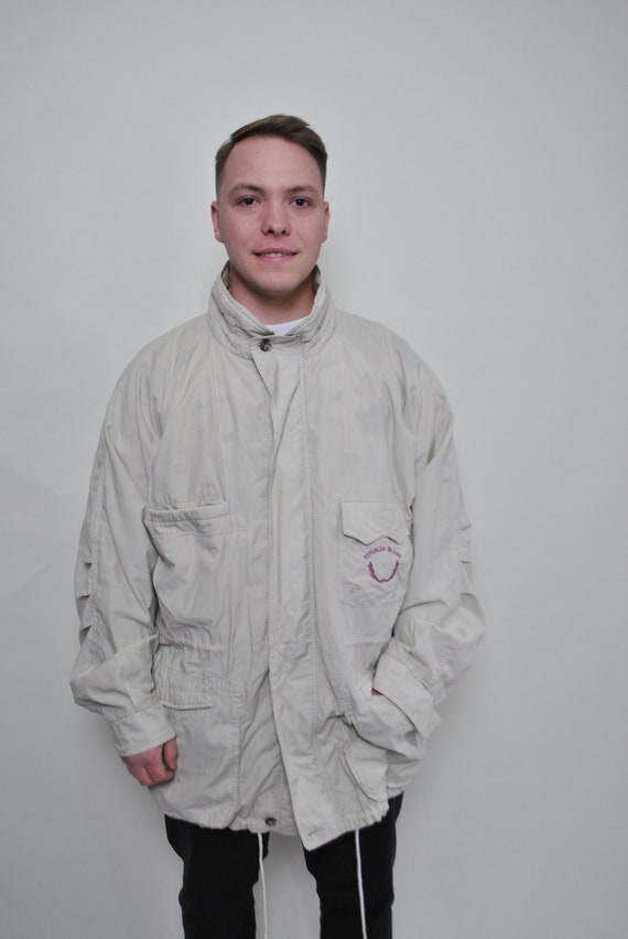 90s minimalist overcoat in beige, vintage military outdoor travel parka coat, Size XL