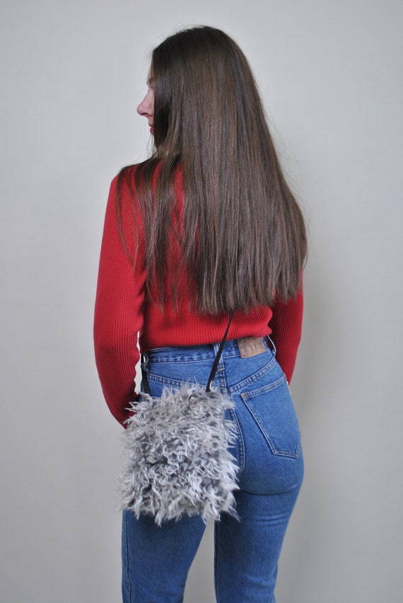 90s Feather purse, vintage funny faux fur mini cross body shoulder bag